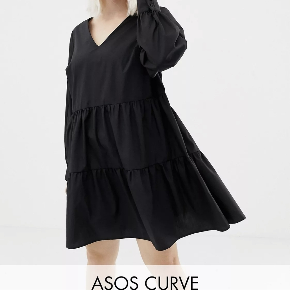 ASOS DESIGN Curve tiered cotton smock mini dress with long sleeves